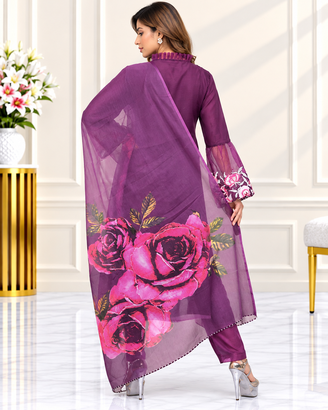 Zahra -E-Noor : Magenta Rose Bloom Suit with Floral Print Dupatta