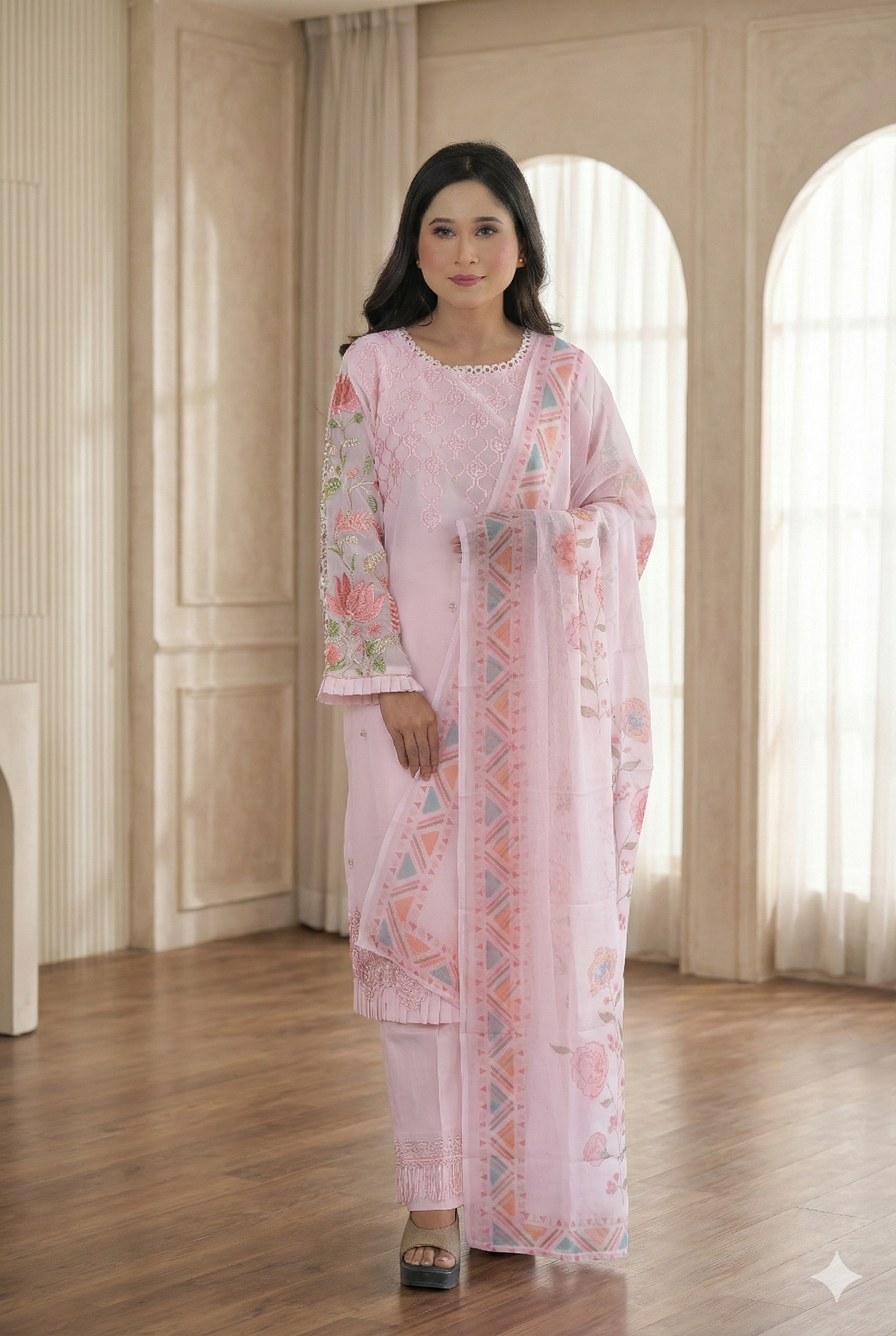Embroidered Pakistani Kurta Set with Organza Dupatta