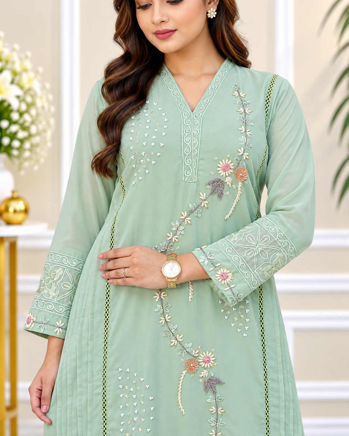 Zahra-E-Noor - Sage Green Suit with Floral Watercolor Dupatta