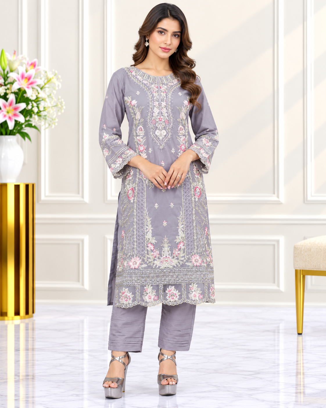 Zahra-E-Noor - Grey Embroidered Pakistani Suit Set