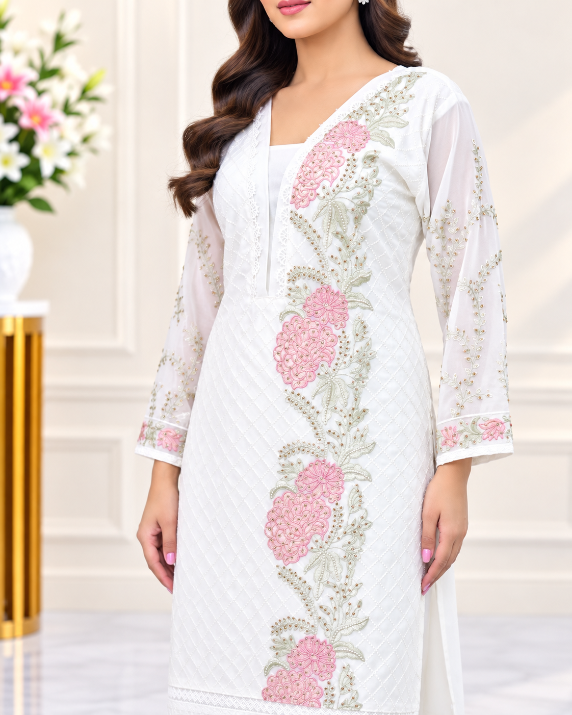 Zahra-E-Noor : Ivory Rose Embroidered Suit with Pearl Detailing
