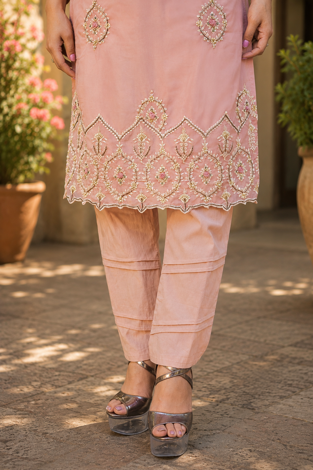 Zahra-E-Noor - Dusty Pink Embroidered Suit with Polka Print Dupatta