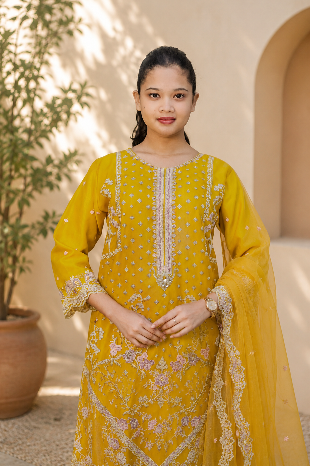 Mustard Floral Embroidered Pakistani Suit