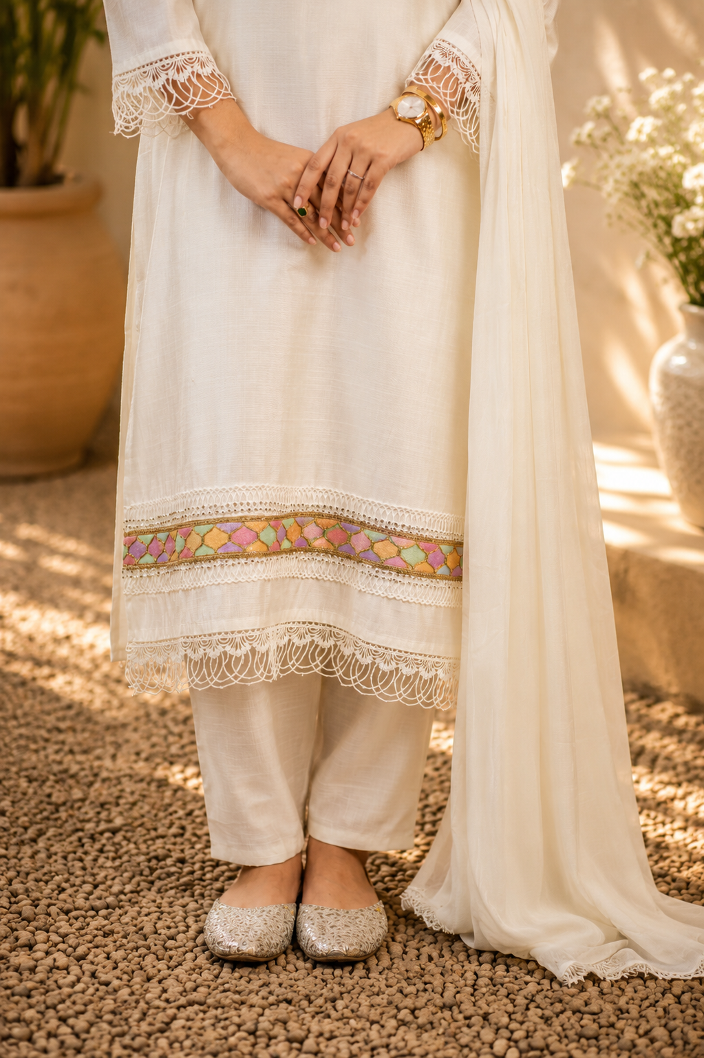 Zahra-E-Noor - Ivory Patchwork Suit with Crochet Lace