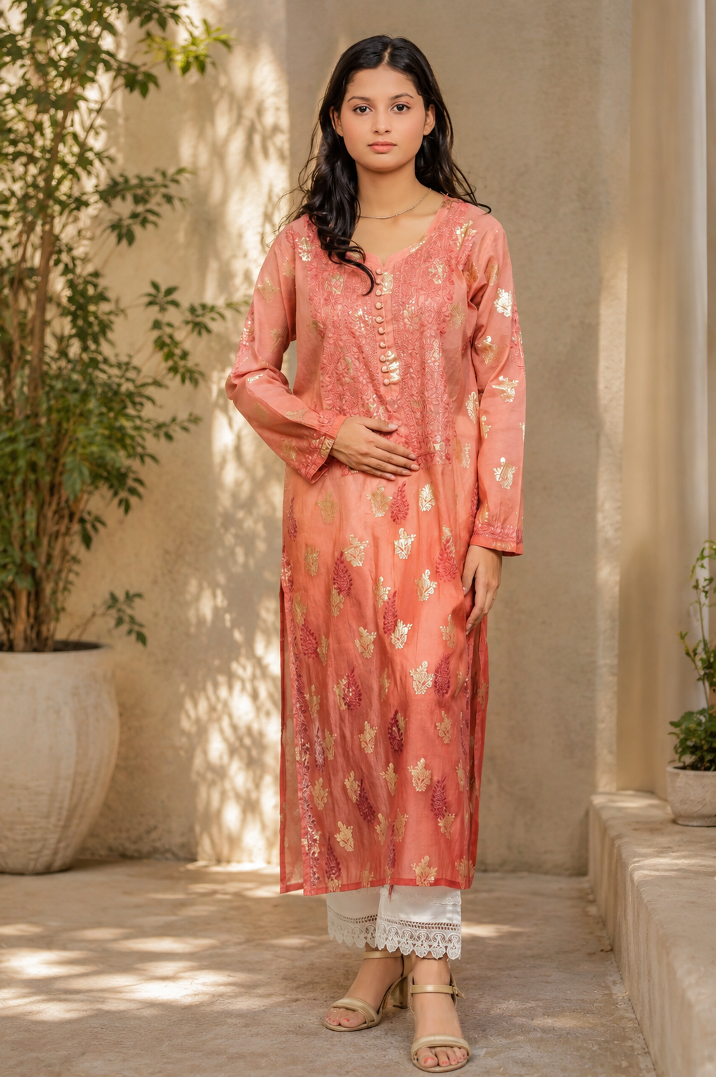 Zahra-E-Noor - Peach Gold Foil Ombre Pakistani Suit