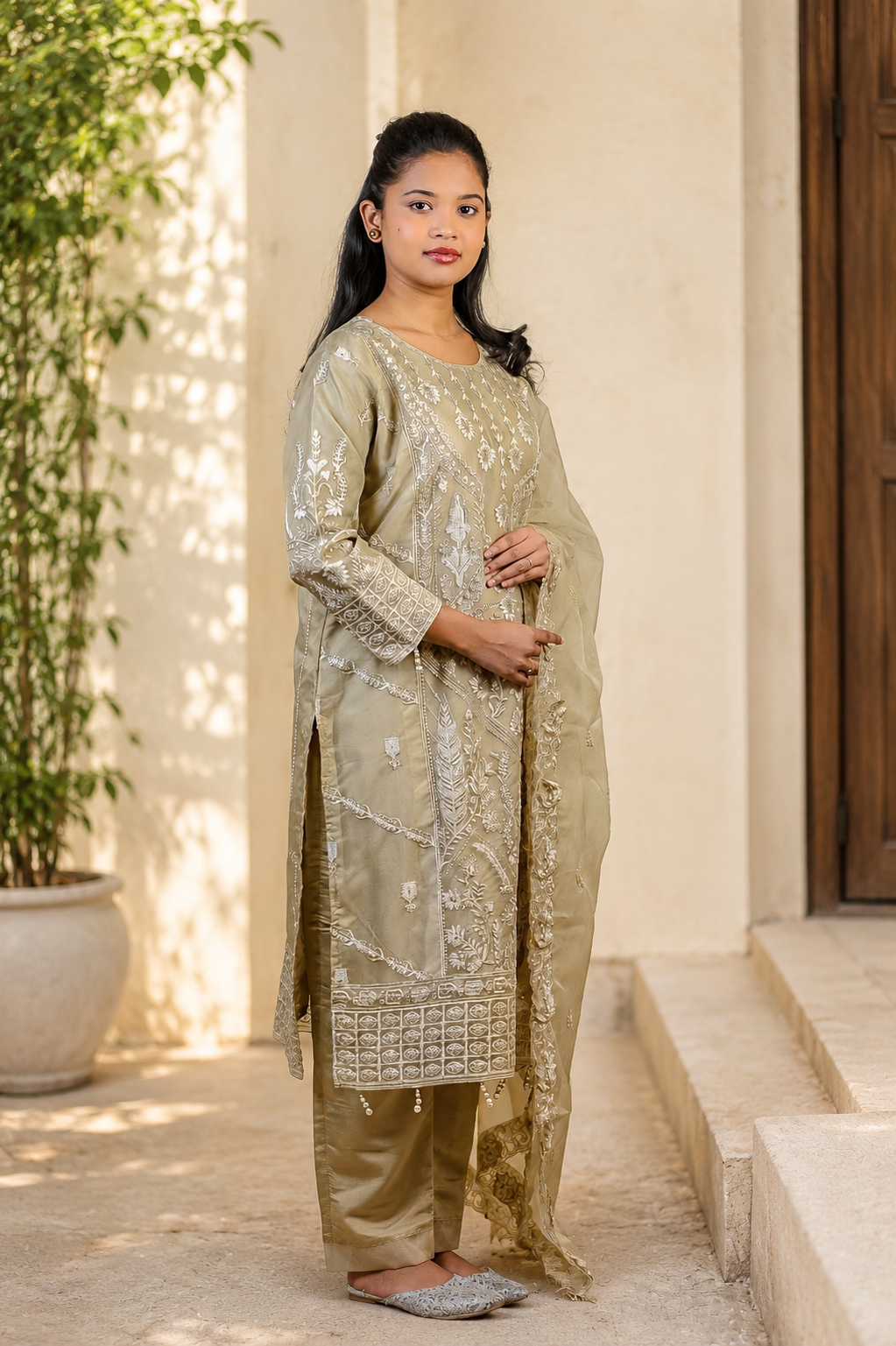 Zahra-E-Noor - Beige Floral Vine Embroidered Suit
