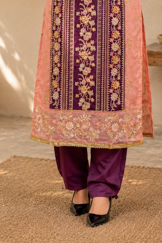 Zahra-E-Noor - Peach & Wine Contrast Pakistani Suit