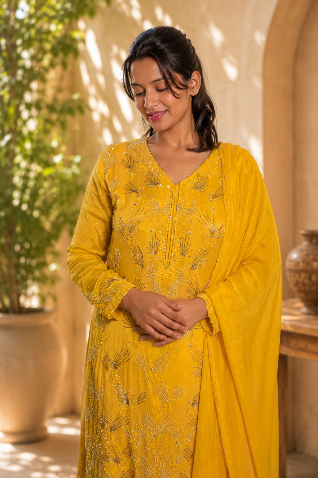 Noor-e-Mehfil - Yellow Feather Embroidered Sharara Suit