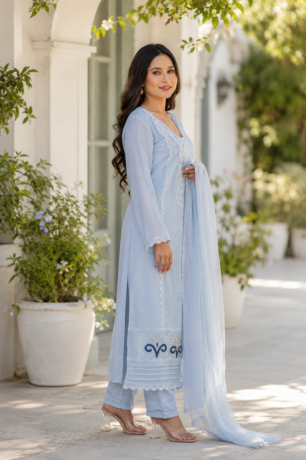 Embroidered Pakistani Suit Set with Chiffon Dupatta