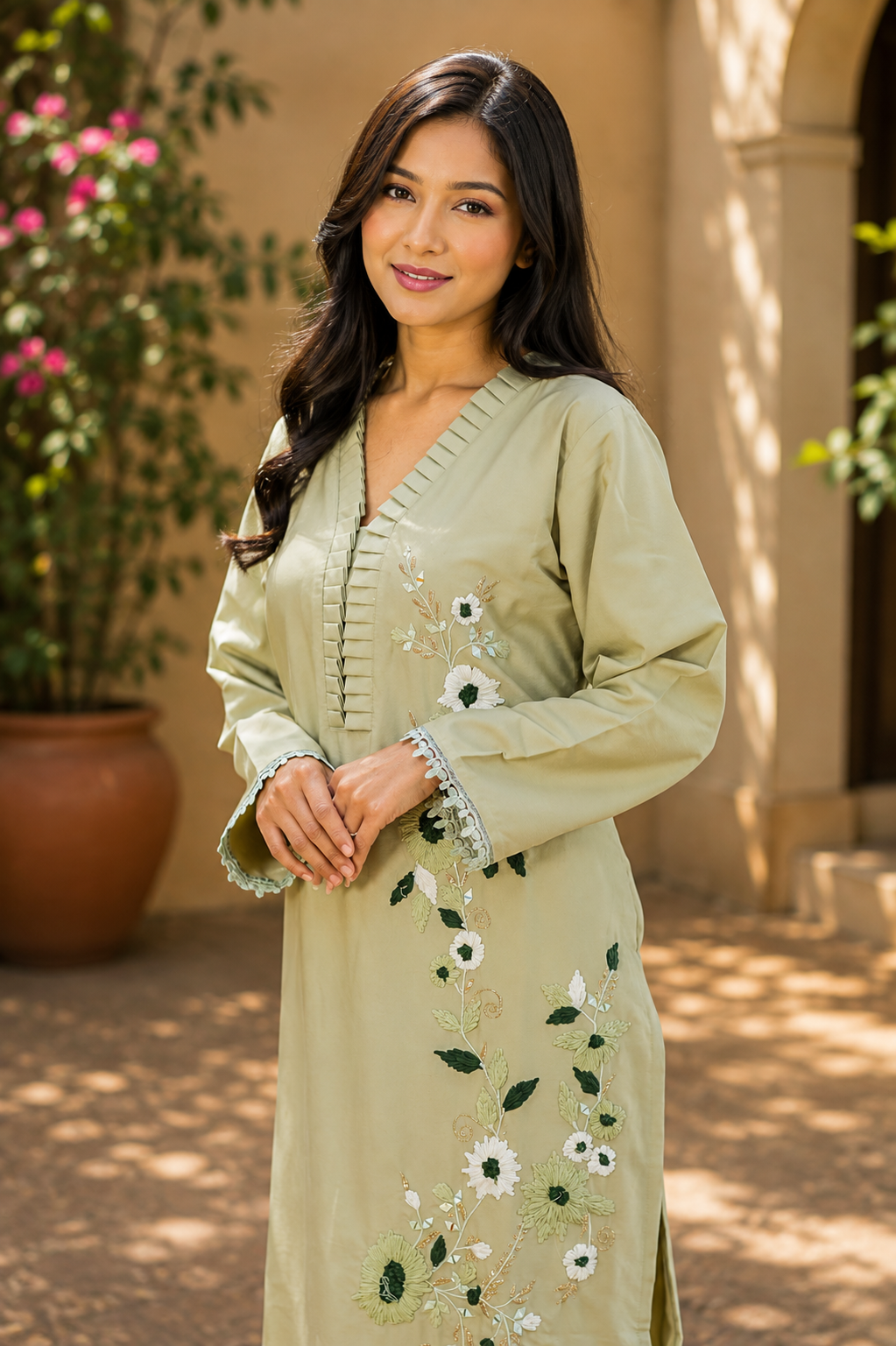Floral Embroidered Suit with Pintuck Detailing