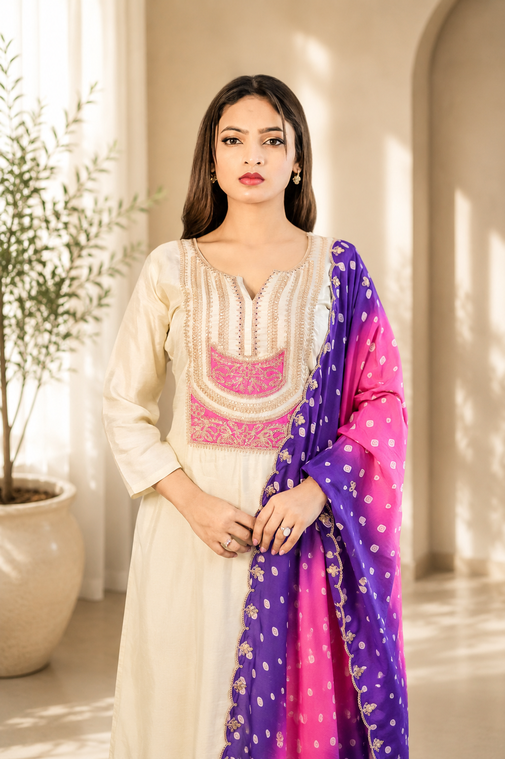 Cream Kurta with Bandhani Ombre Dupatta
