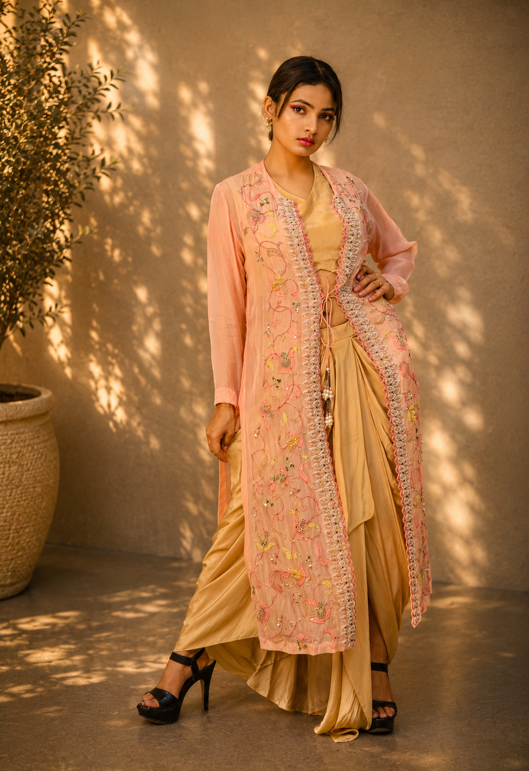 Meher-e-Noor - Embroidered Jacket with Drape Skirt Set