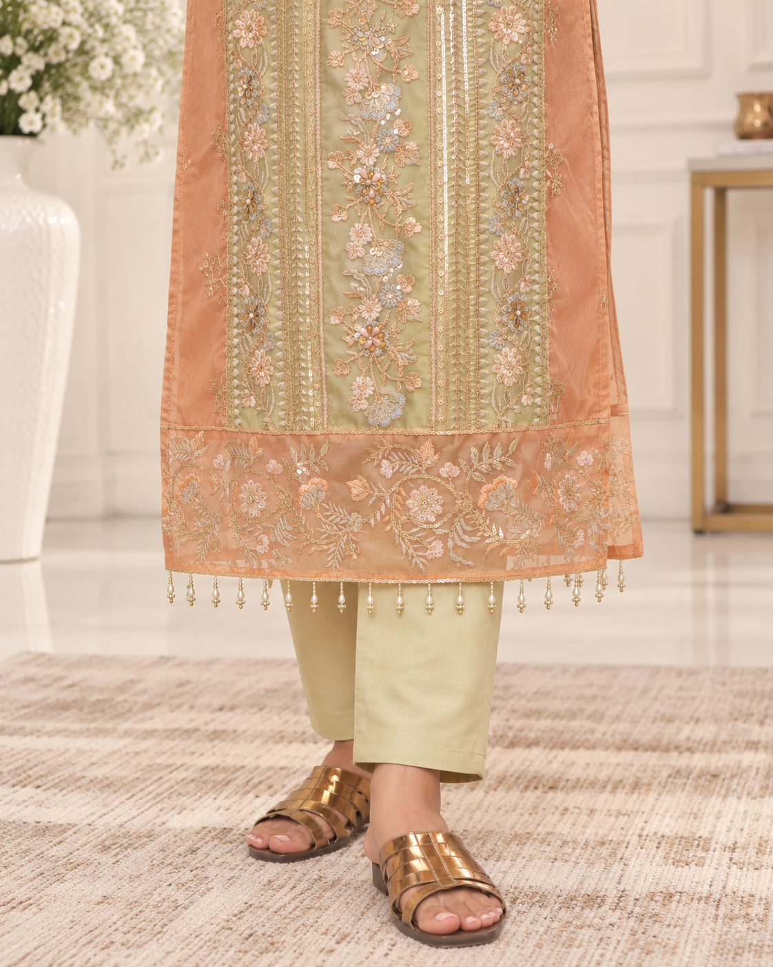Zahra-E-Noor : Terracotta & Sage Colorblock Embroidered Suit