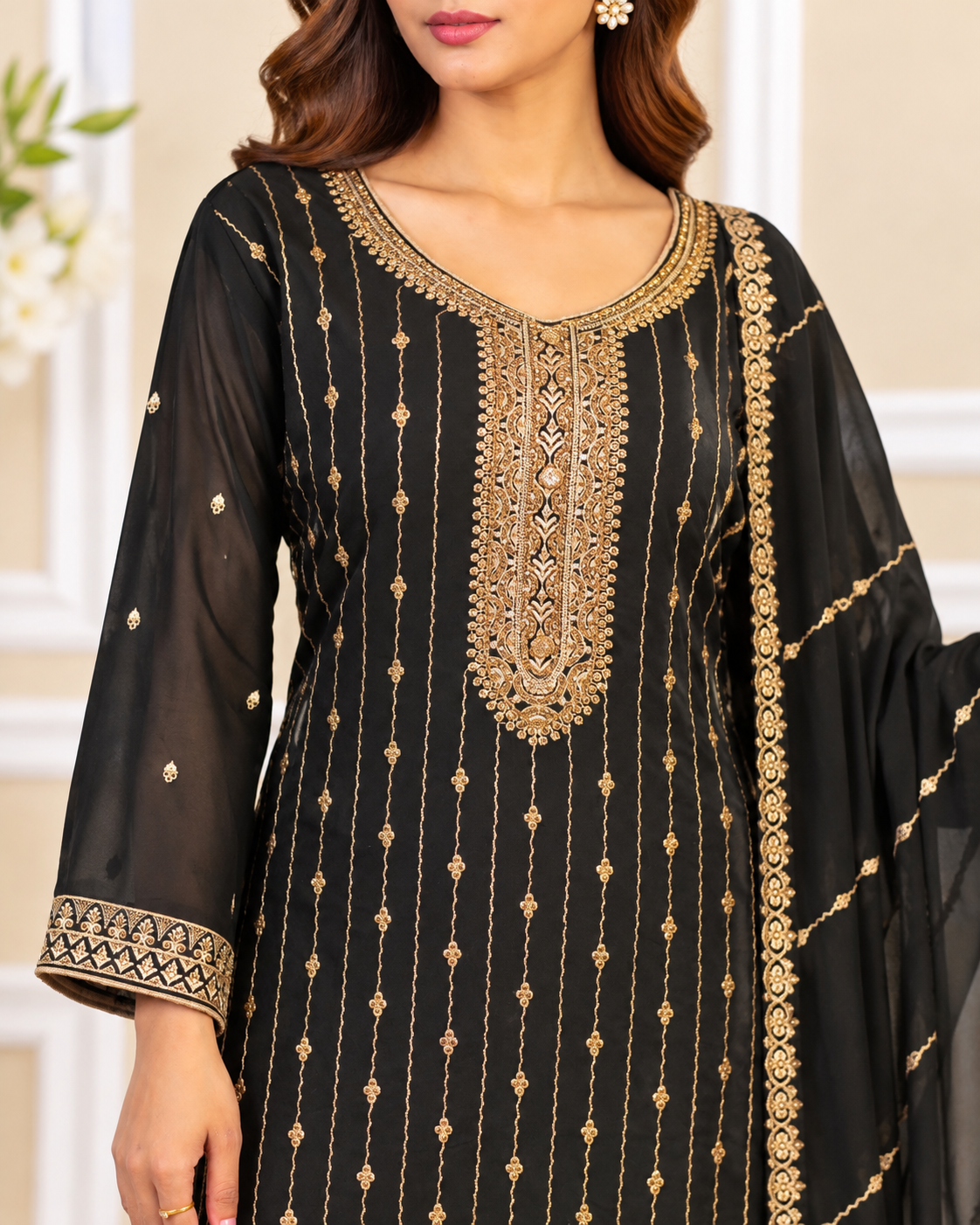 Noor-e-Mehfil - Gold Striped Suit with Sharara