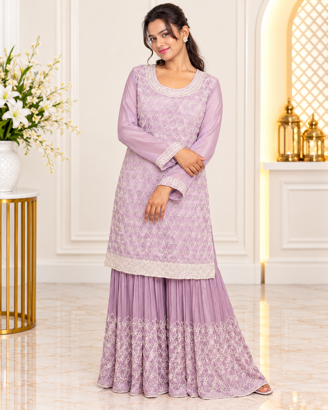 Noor-e-Mehfil - Satin Swirl Embroidered Sharara Suit