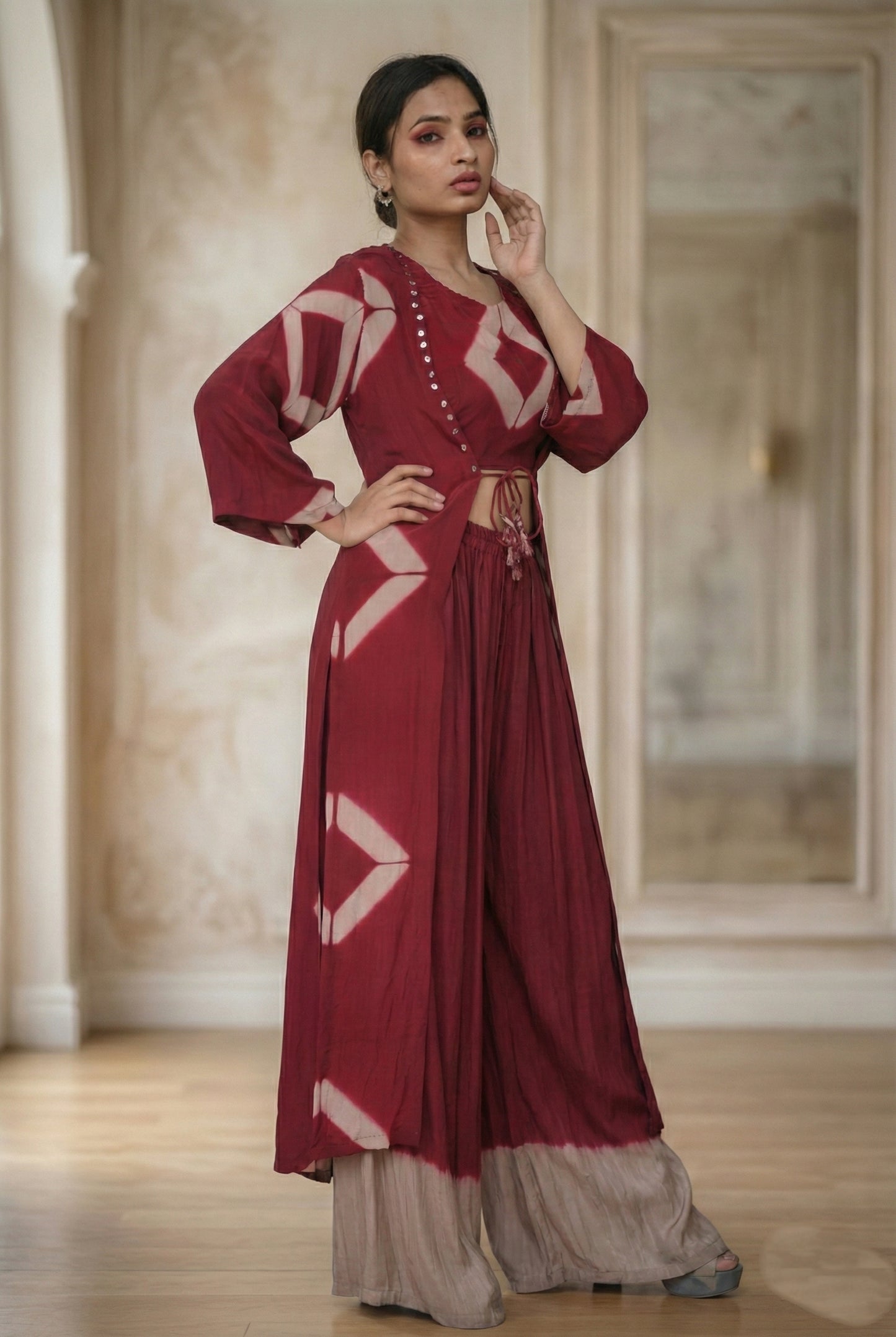Meher-e-Noor - Wine Shibori Cutout Waist Co-ord