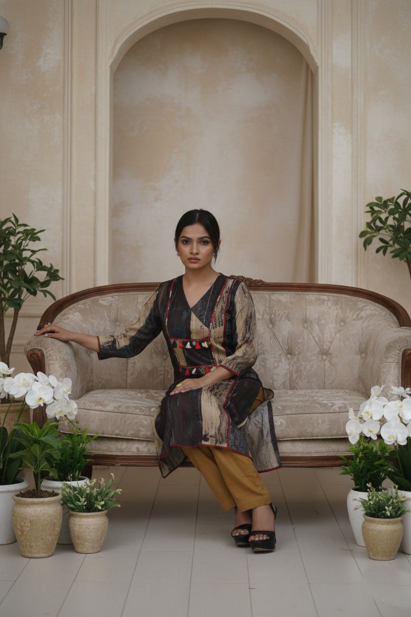Abstract Print Pakistani Kurta Set with Straight Pants