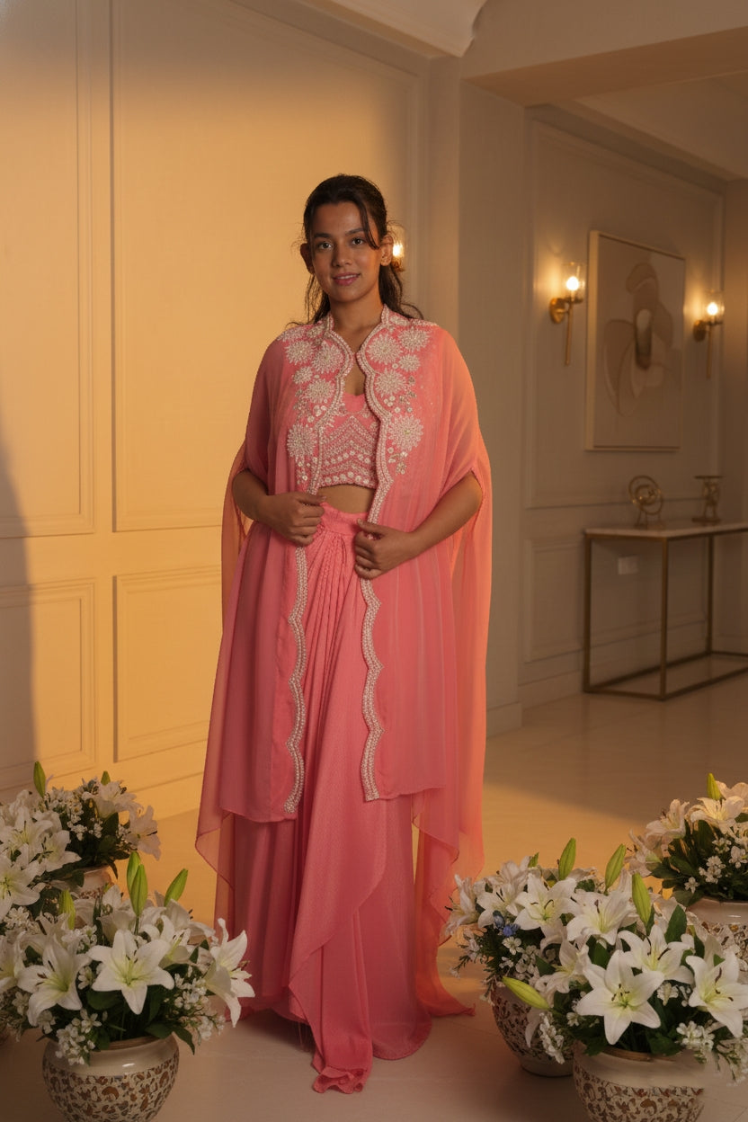Meher-e-Noor - Pearl-Embroidered Cape Drape Dress