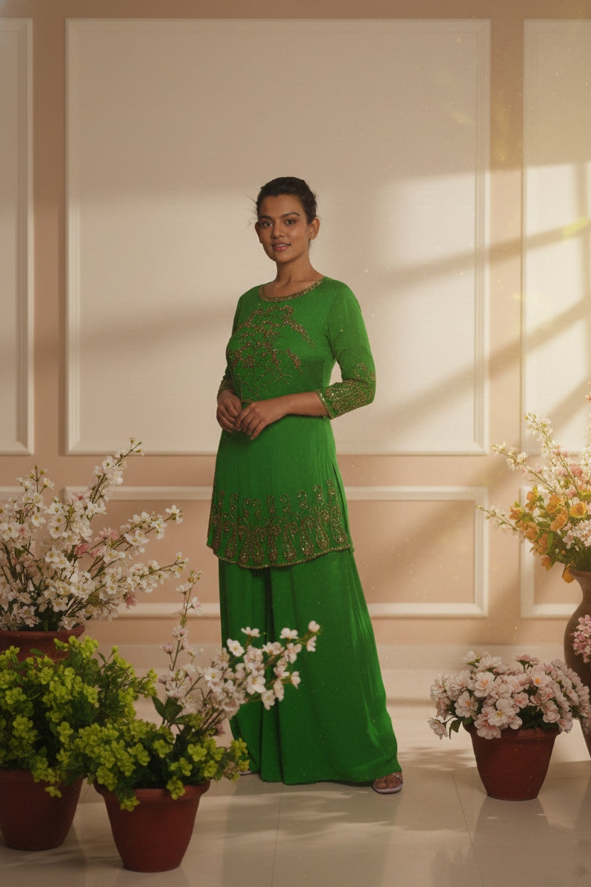 Noor-e-Mehfil - Embroidered Green Kurta Palazzo Set