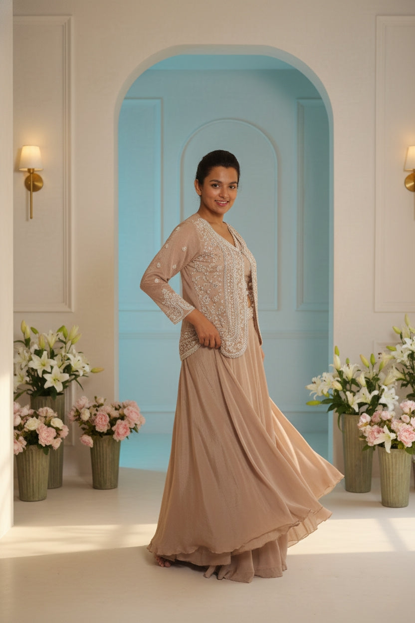 Raqs-e-Noor - Rosewood Embroidered Jacket Lehenga