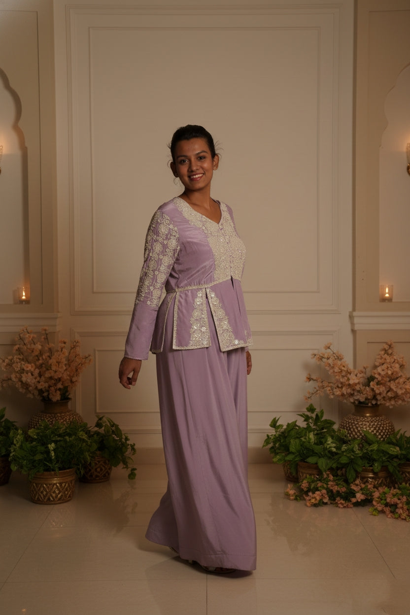 Meher-e-Noor - Embroidered Indo-Western Plazzo Set