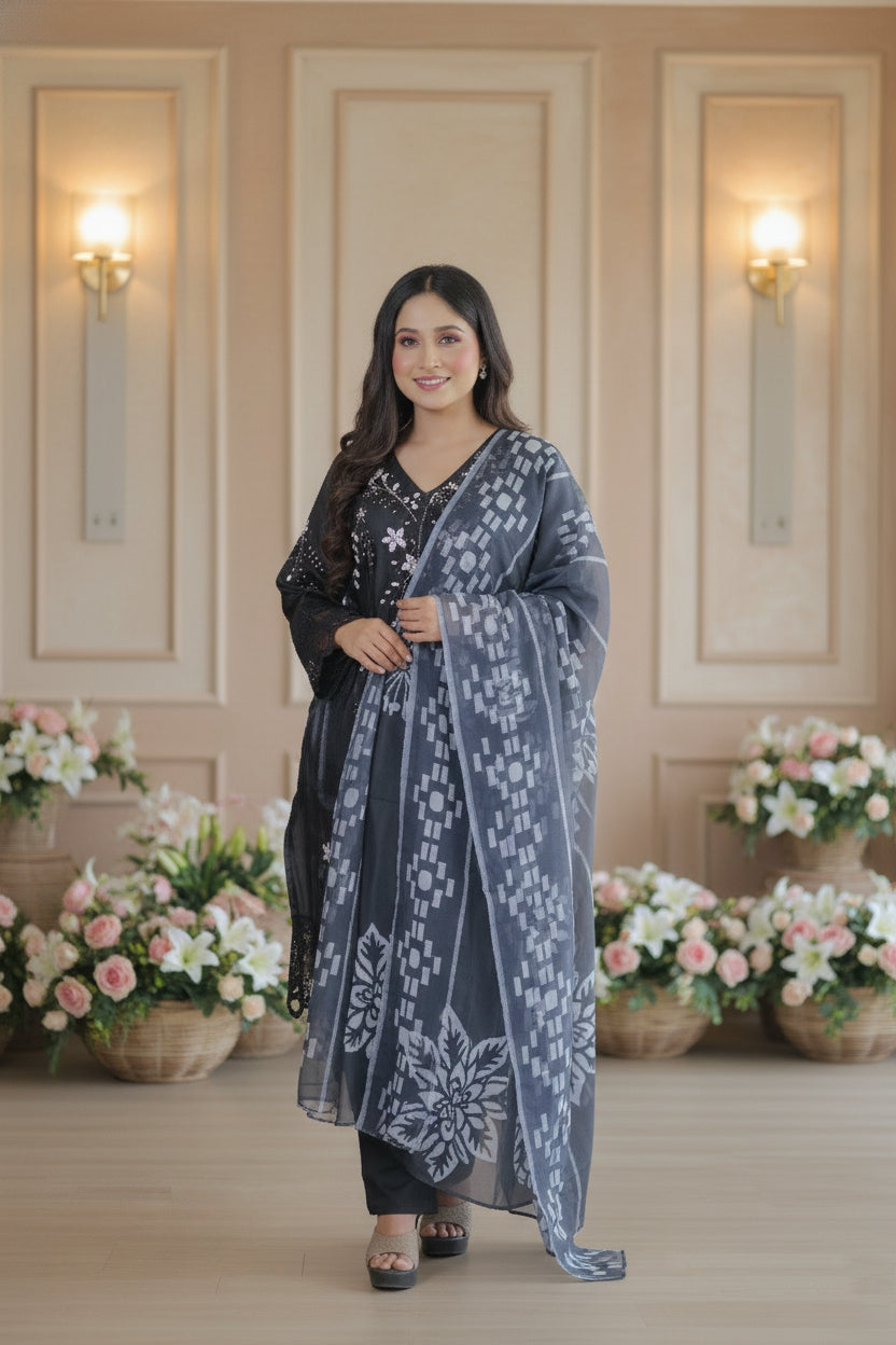 Pakistani Suit with Printed Organza Dupatta