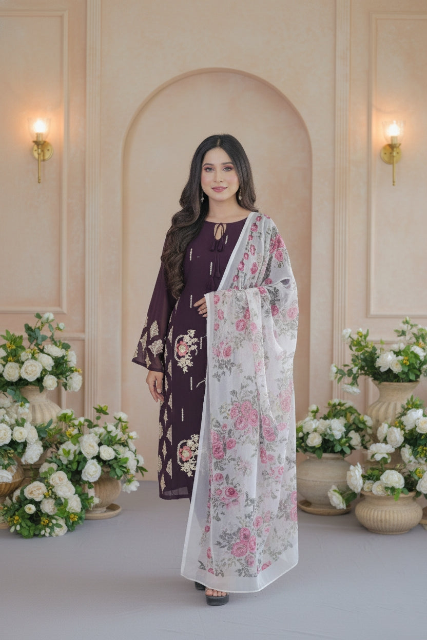 Embroidered Pakistani Suit with Floral Organza Dupatta