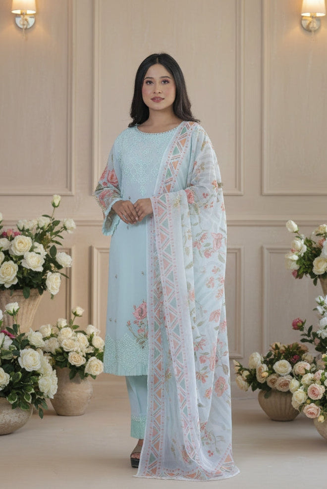 A woman stands in a decorated indoor setting wearing a light pastel blue traditional outfit with a matching sheer floral dupatta. The background features cream-colored wall paneling, two lit sconces, and multiple arrangements of white and pink roses.