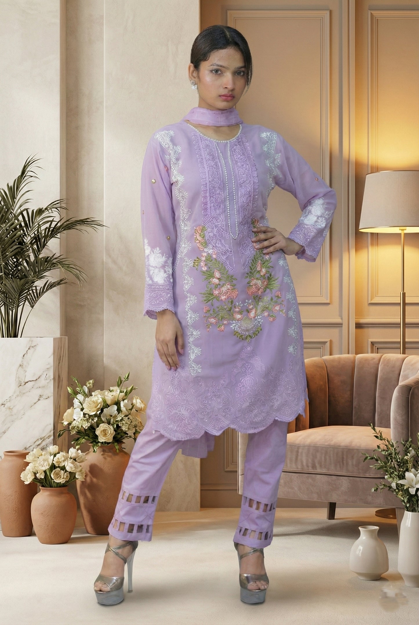 Lavender Floral Embroidered Cotton Kurta Set with Chiffon Dupatta | 3-Piece Women's Ethnic Suit