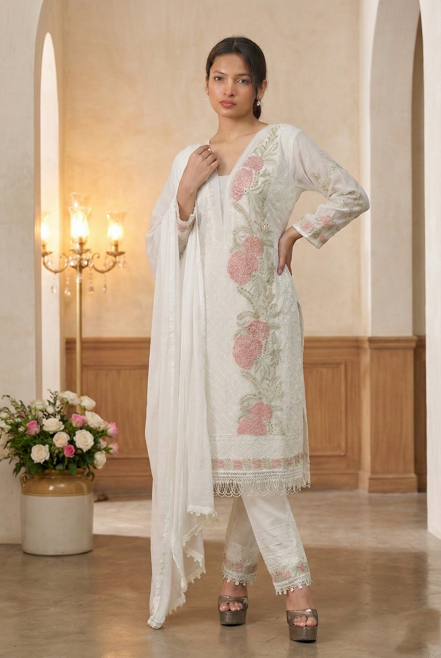 Ivory Rose Embroidered Suit with Pearl Detailing