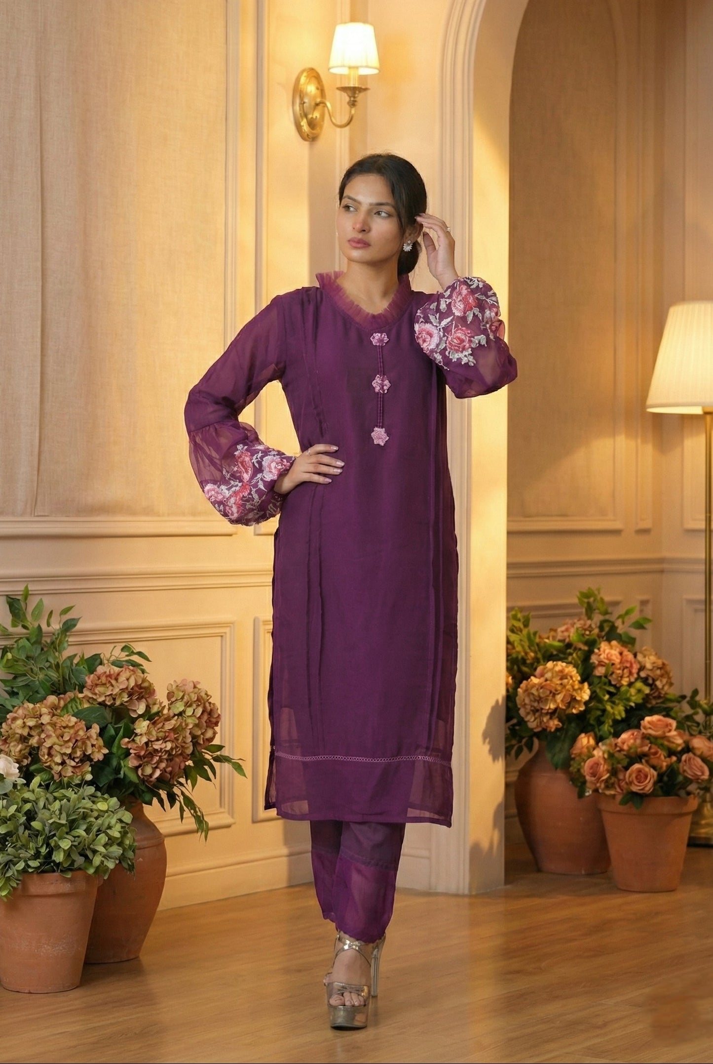 Magenta Rose Bloom Suit with Floral Print Dupatta