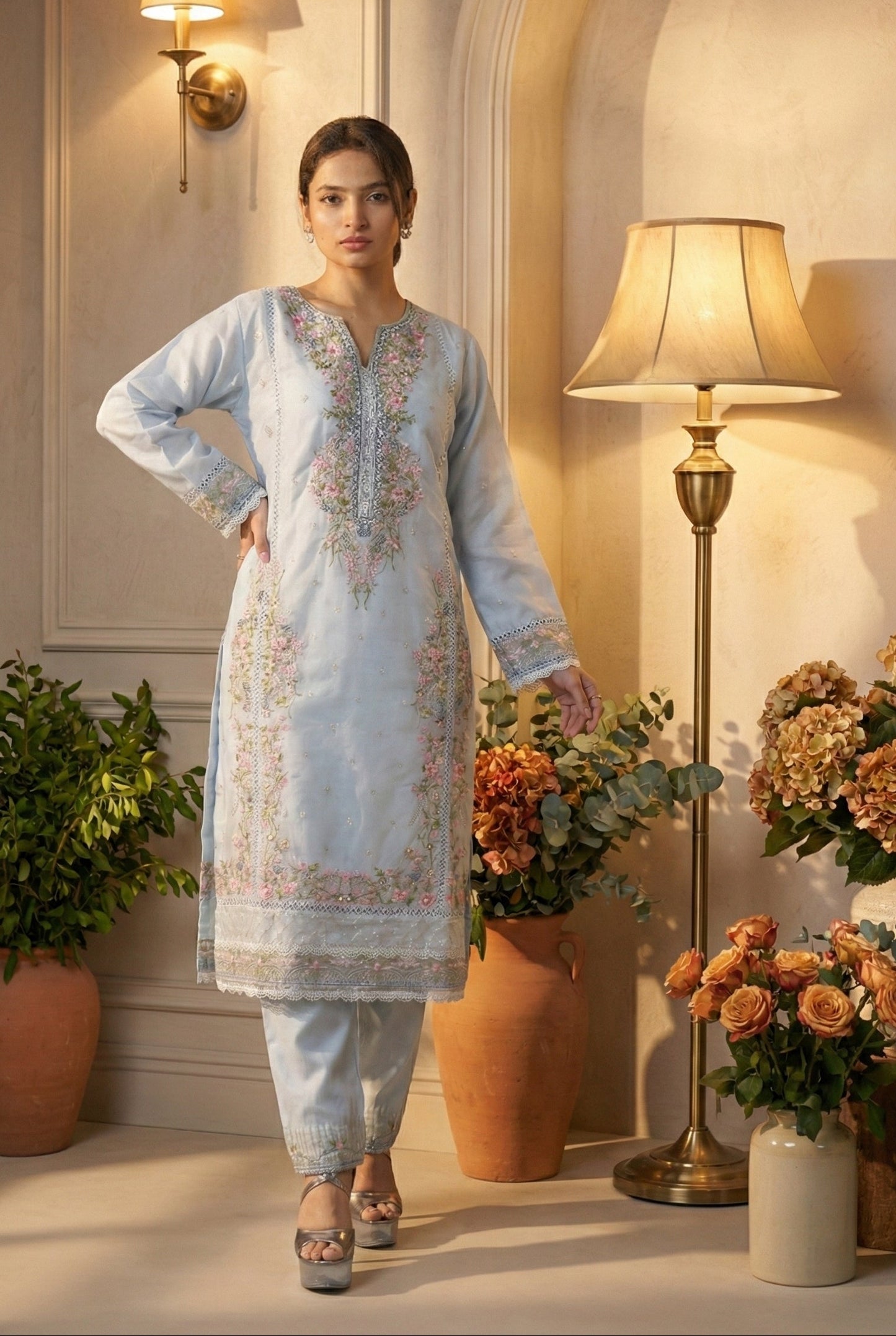 Powder Blue Floral Embroidered Suit with Sequin Net Dupatta