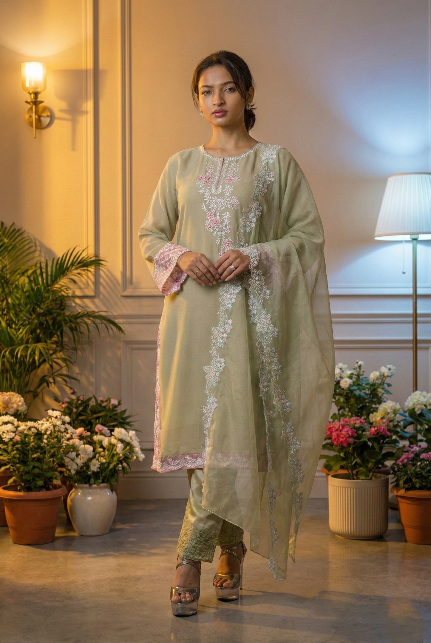 Embroidered Pakistani Suit Set with Organza Dupatta