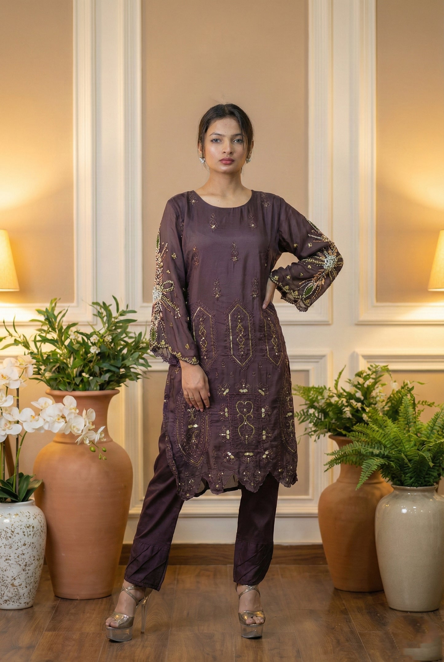 Aubergine Gold Embroidered Suit with Watercolor Dupatta
