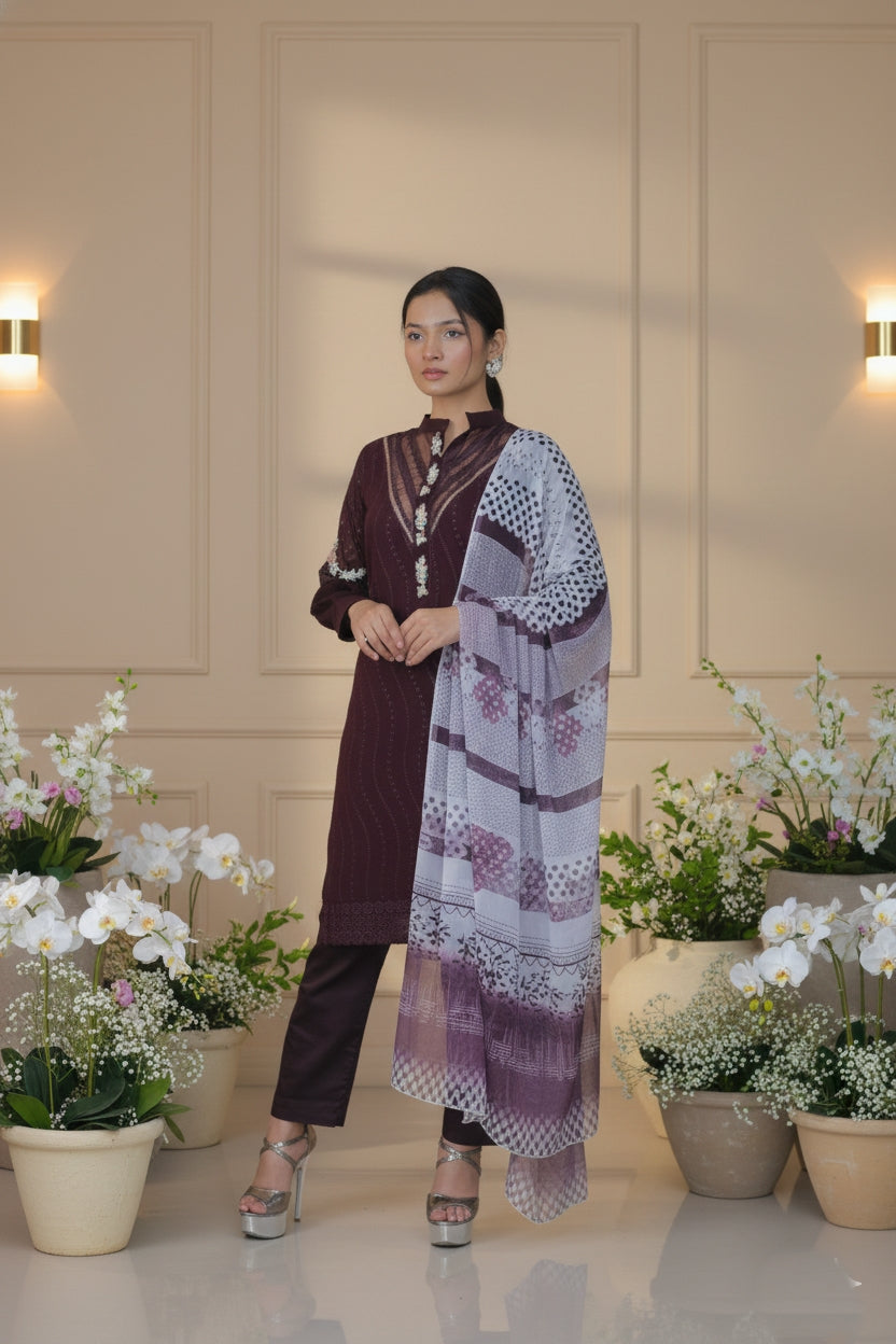 Wine Bloom Embroidered Suit with Printed Dupatta