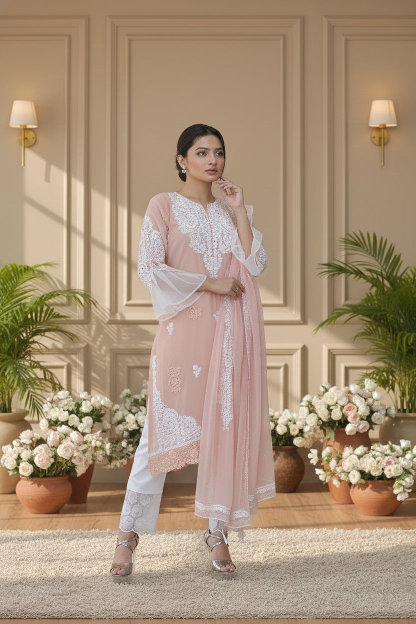 Peach Blossom Embroidered Bell-Sleeve Suit