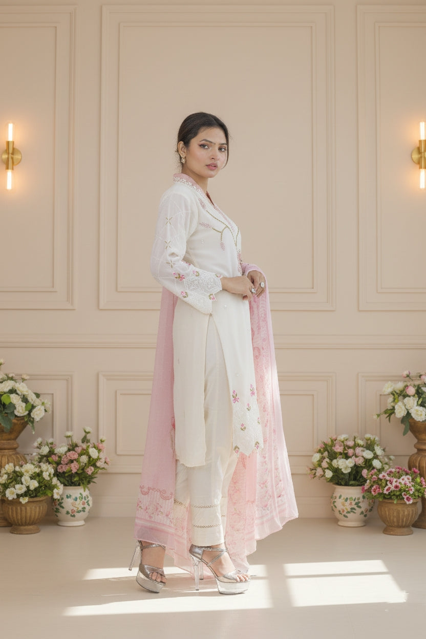 Ivory Bloom Embroidered Suit with Floral Dupatta