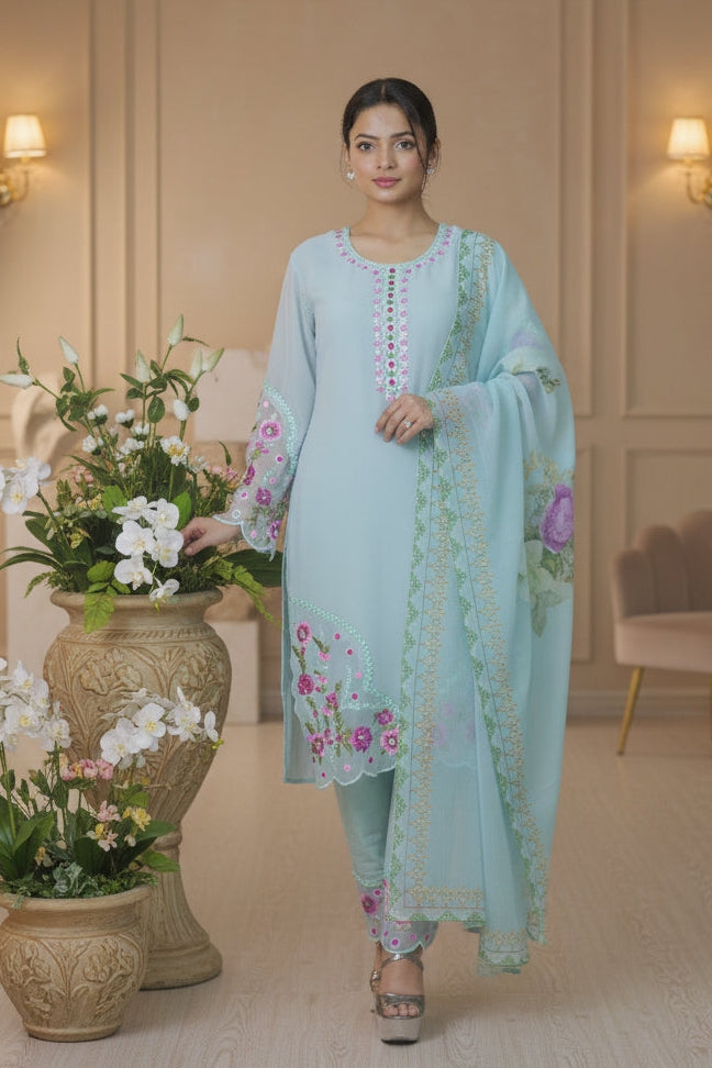 Embroidered Pakistani Kurta Set with Organza Dupatta