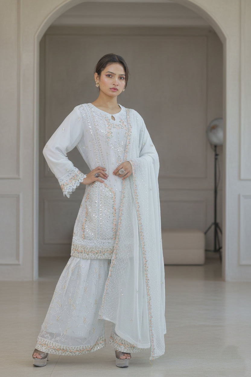 Noor-e-Mehfil - White Kurta Sharara Set with Dupatta