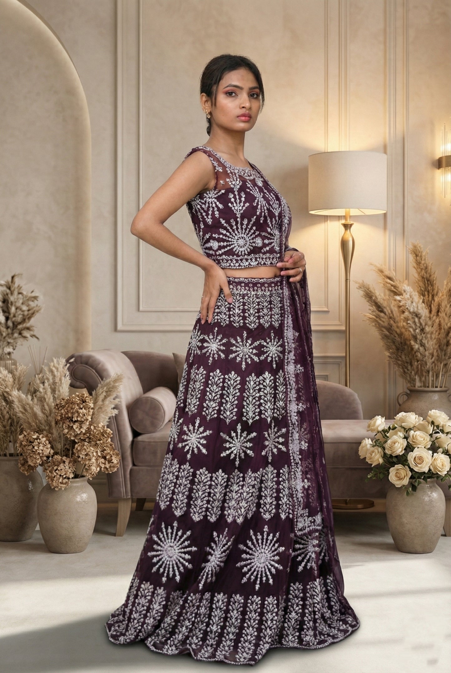 Wine Brown Embroidered Lehenga Set with Net Dupatta