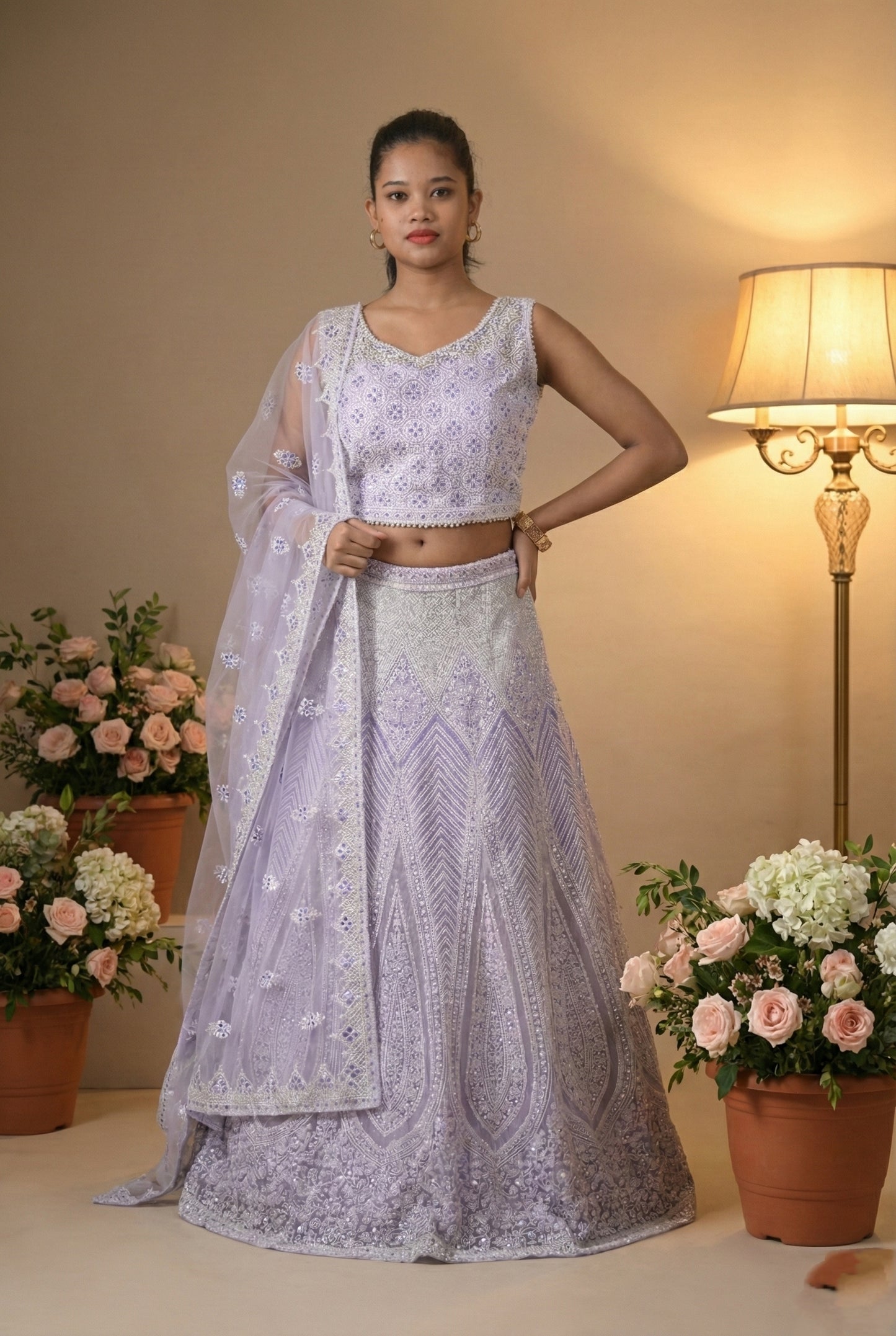 Raqs-e-Noor - Styled Pearl Embroidered Lehenga Set with Net Dupatta