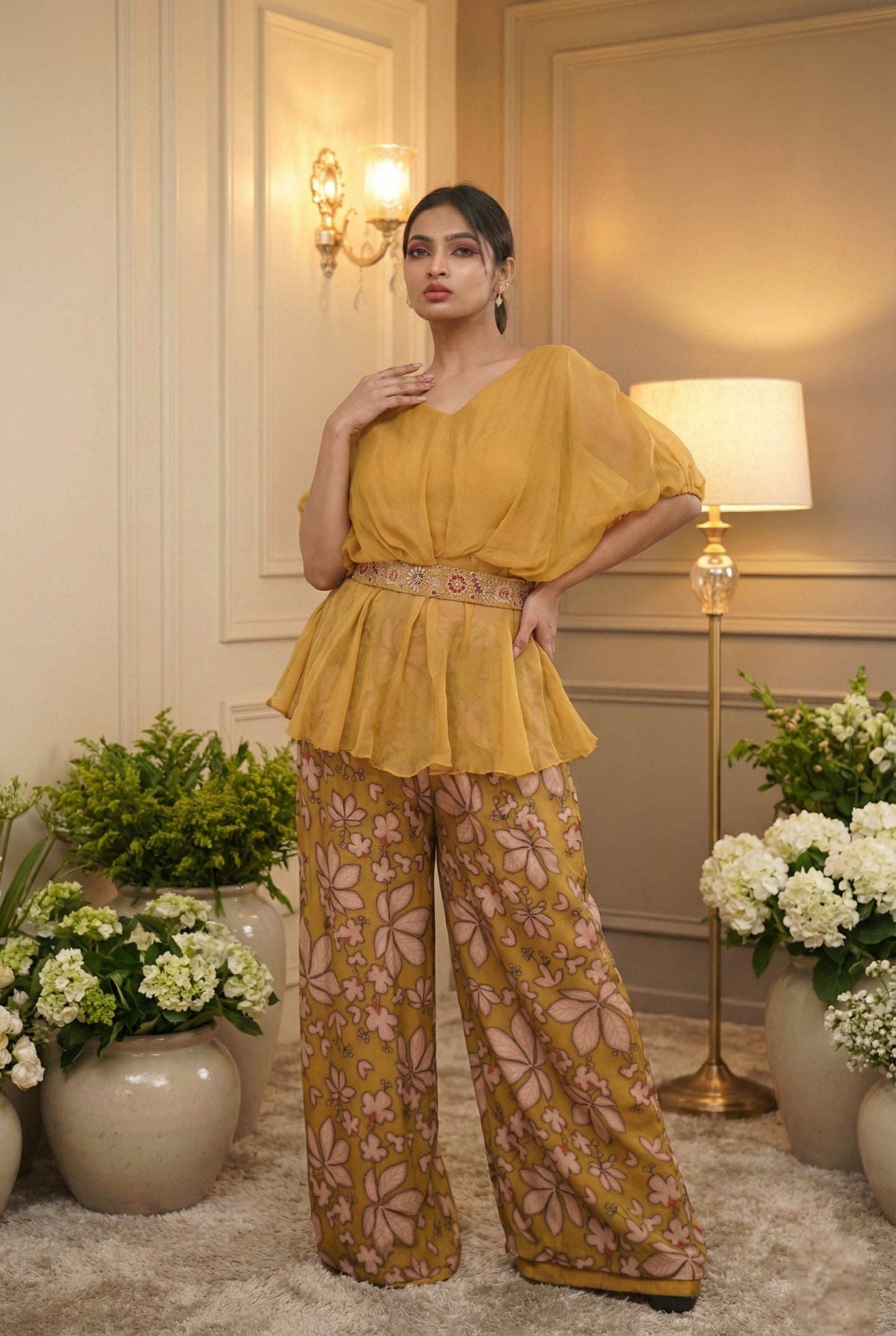 Meher-e-Noor - Peplum Top & Floral Palazzo Set