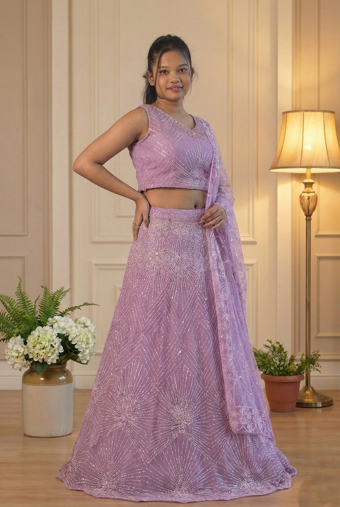 Raqs-e-Noor - Blush Lilac Embroidered Lehenga with Net Dupatta