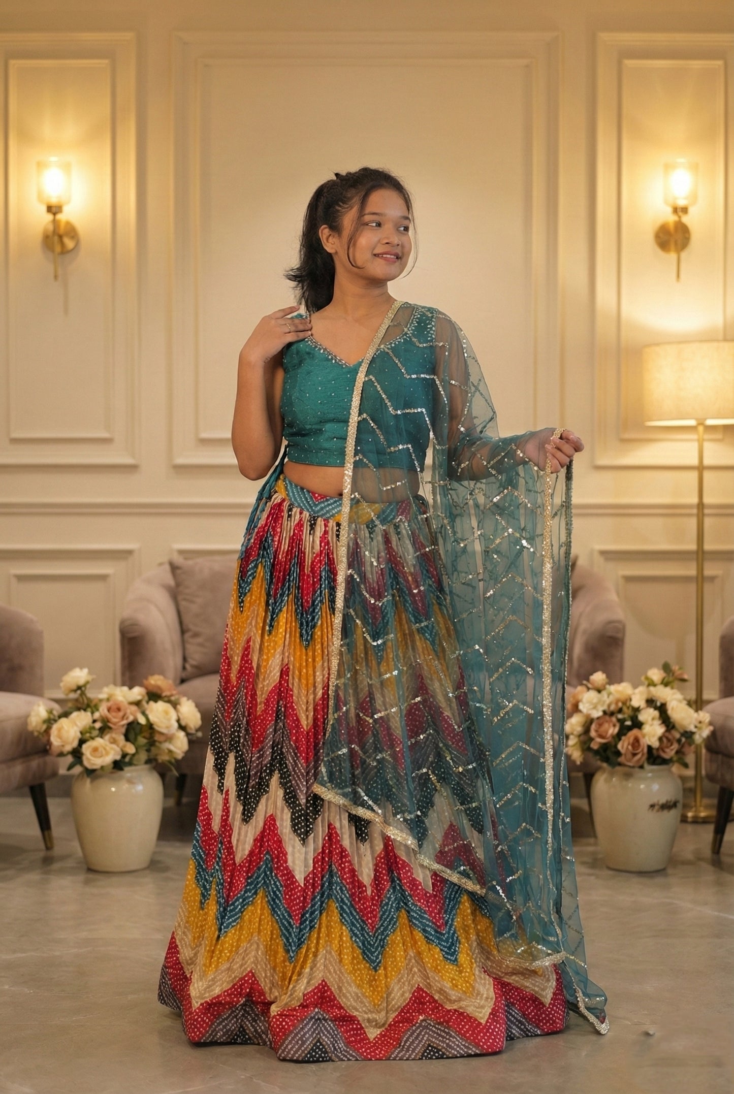 Raqs-e-Noor - Multicolor Lehenga & Embroidered Dupatta