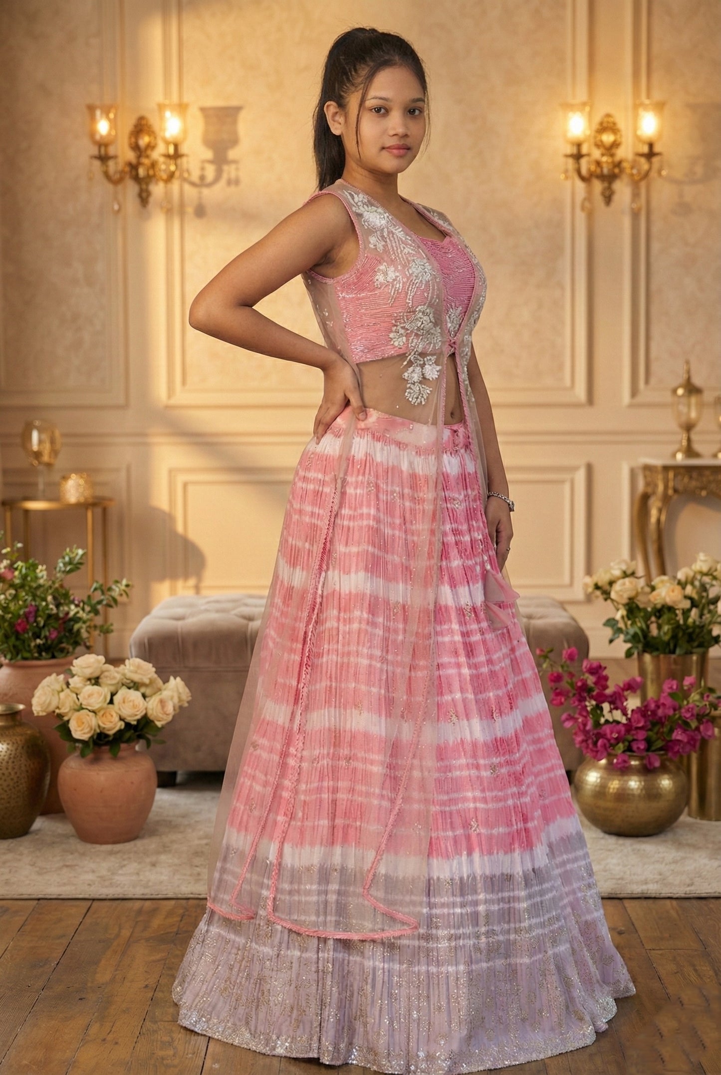 Blush Pink & Lavender Embroidered Lehenga Set with Sheer Cape