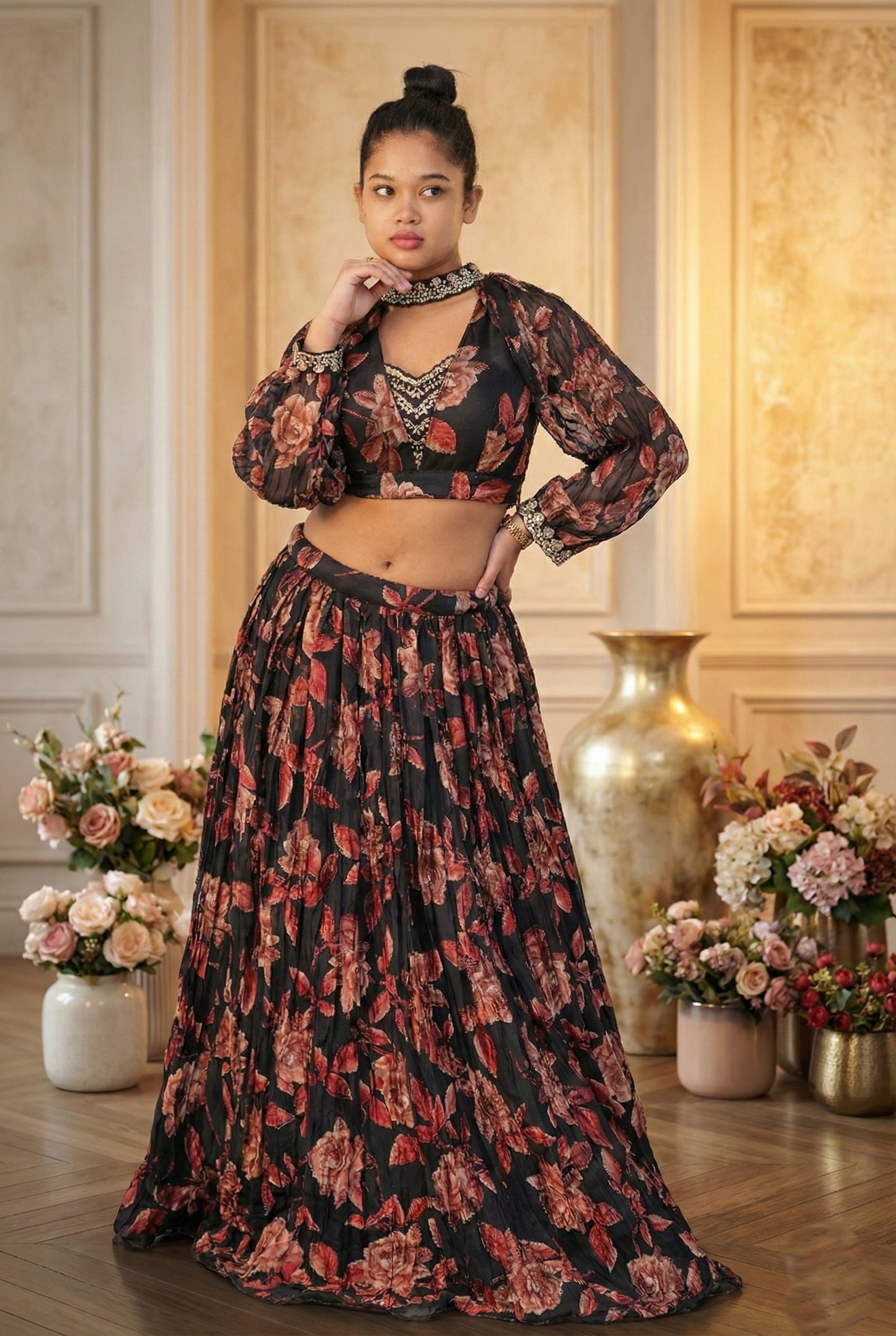 Raqs-e-Noor - Floral Printed Lehenga Set with Cape Sleeves
