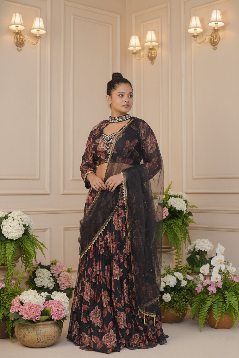 Black Floral Printed Lehenga Set with Embroidered Dupatta