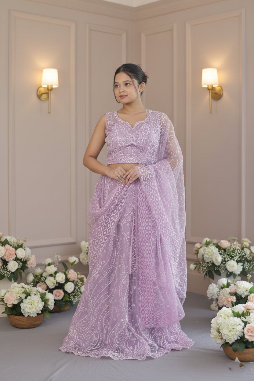 Raqs-e-Noor - Lavender Embroidered Lehenga Set