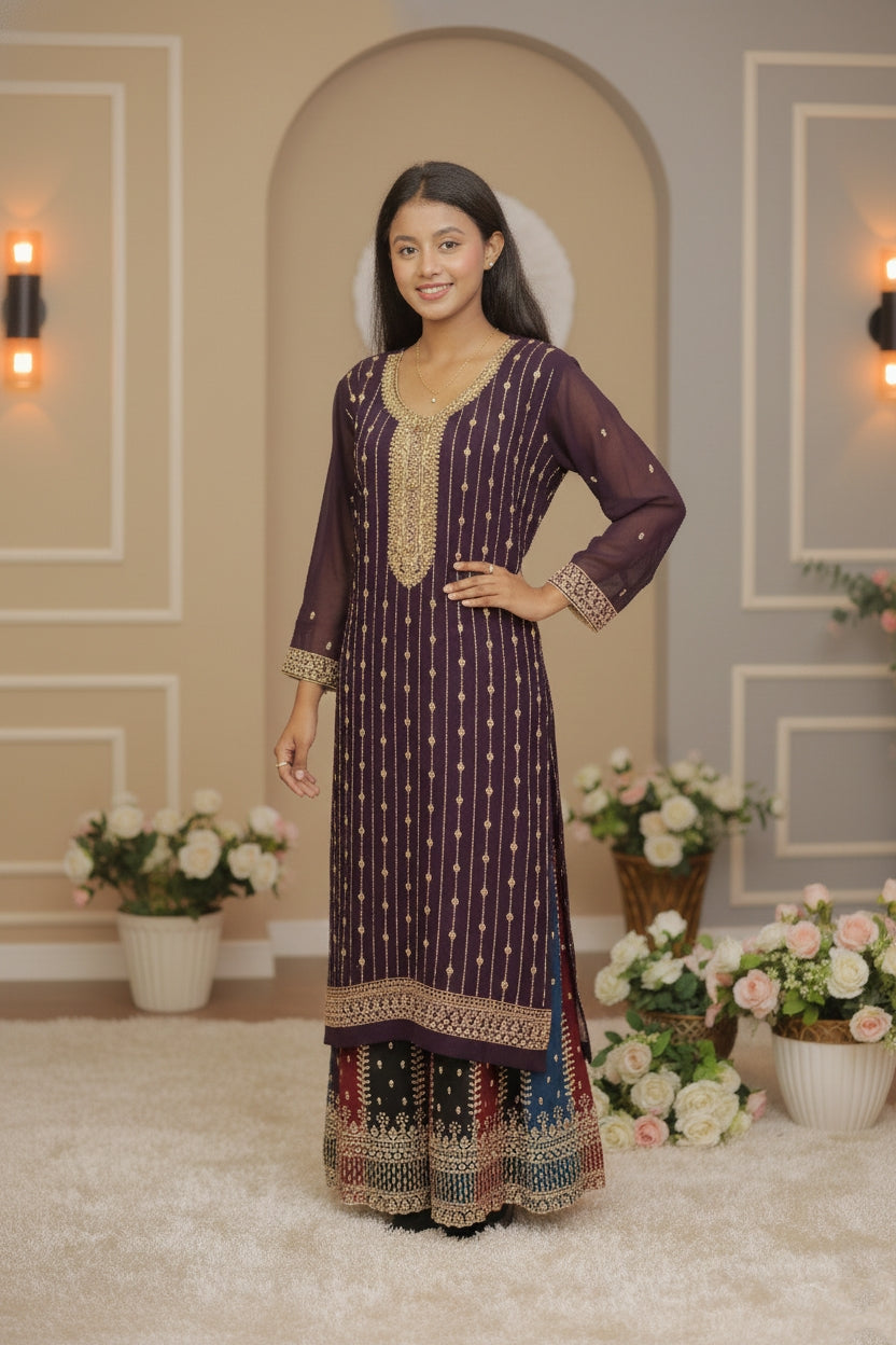 Royal Plum Embroidered Kurta Sharara Set with Dupatta