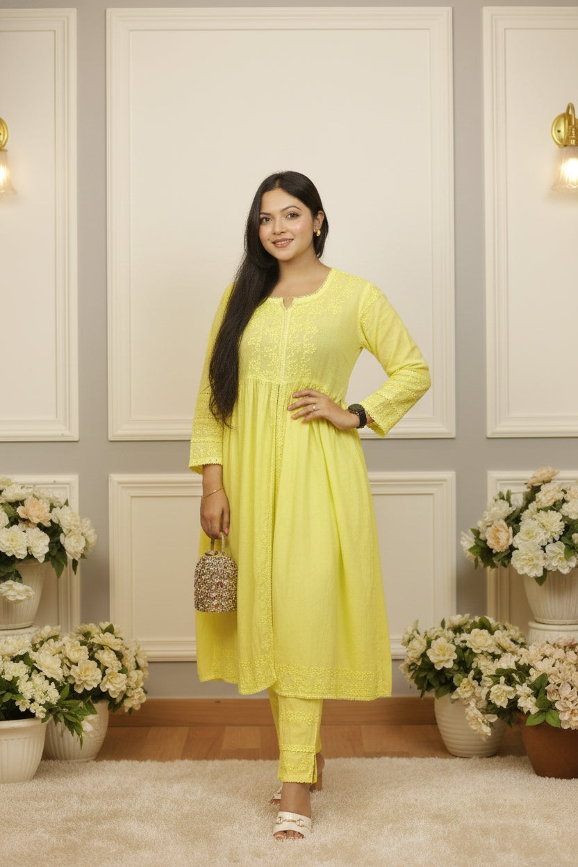 Anarkali Yellow Chikankari Suit